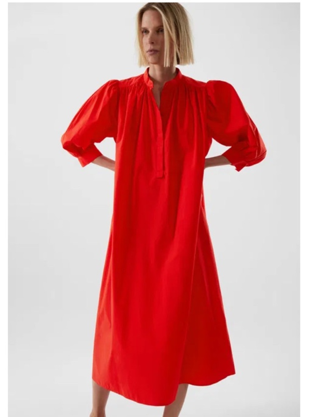 COS Red Cotton Dress 3/4 Puff Sleeves Relaxed 42EU/L Modern Minimalist Pockets